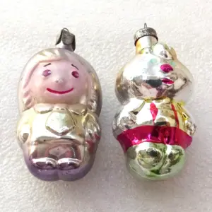 Set of 2 Antique Vintage Glass Christmas Tree Ornament Characters