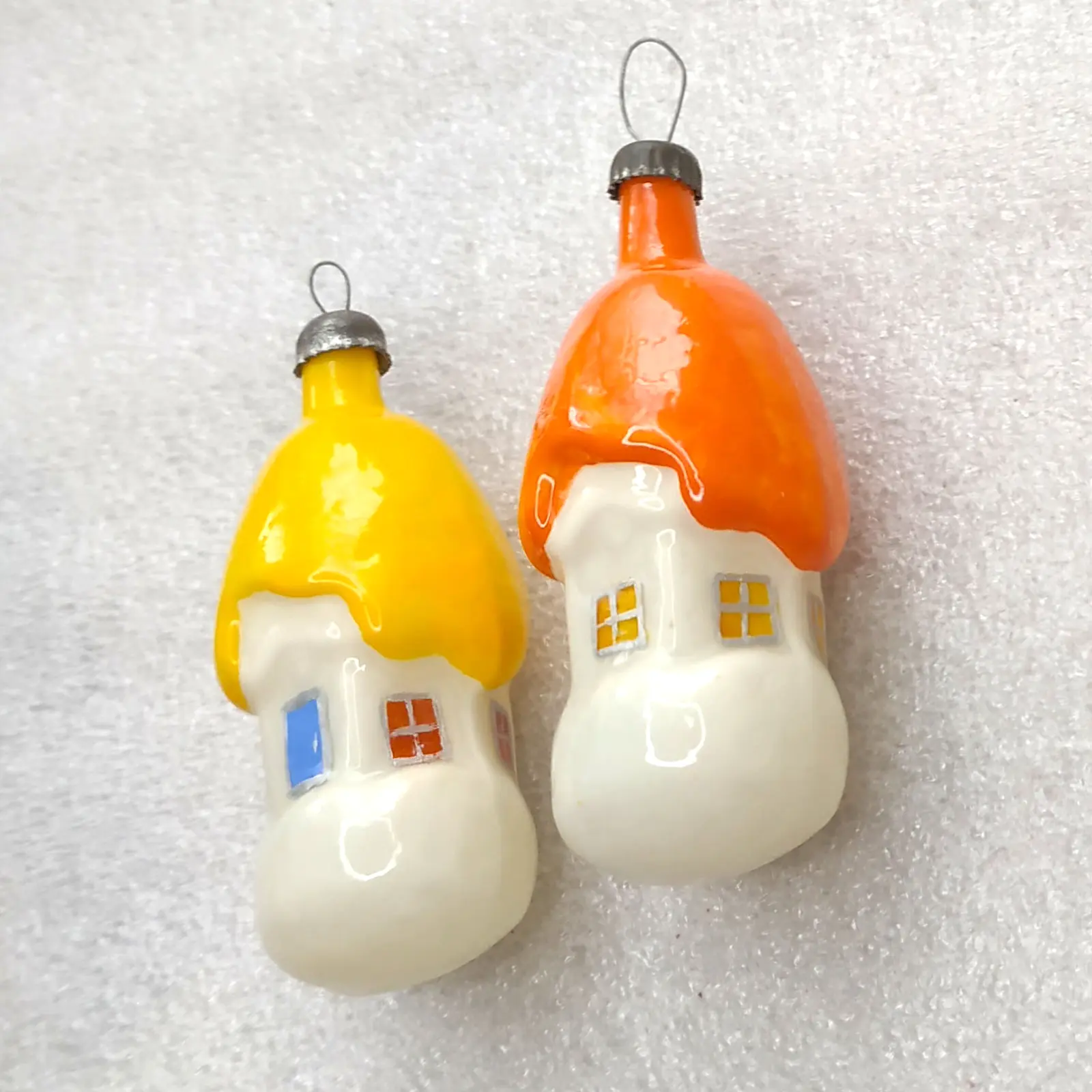 Set of 2 Vintage Soviet Glass Christmas Tree Ornaments Houses restored