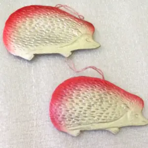 Set of 2 Vintage USSR Cardboard Christmas Ornaments Hedgehogs