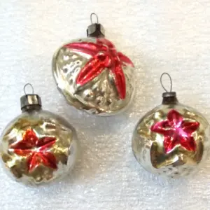 Set of 3 Vintage Glass Christmas Ornaments USSR Red Stars