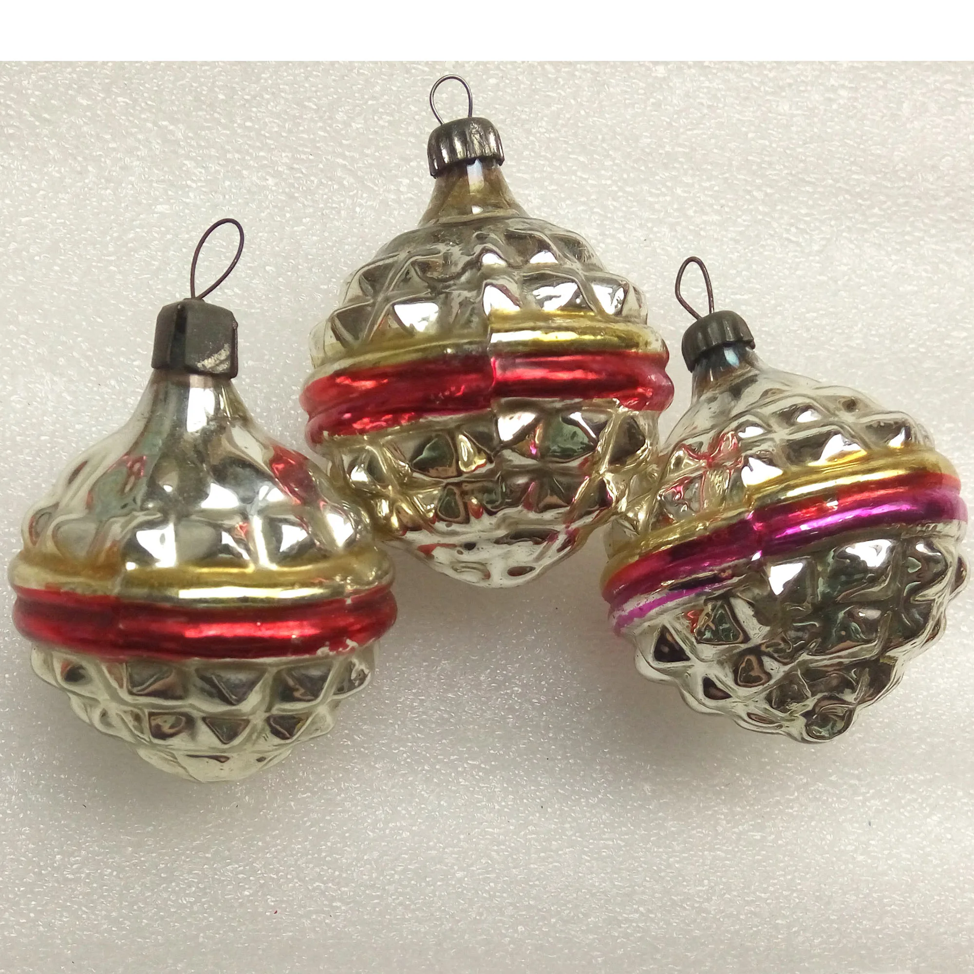 Vintage Soviet Glass Christmas Ornaments Set 3 Mercury Geometric Red Gold