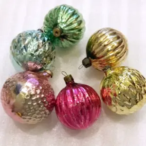 Set of 6 Vintage USSR Glass Christmas Ornaments Colored Balls