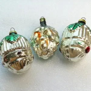 Set of 3 Vintage Glass Christmas Ornaments Old Acorns