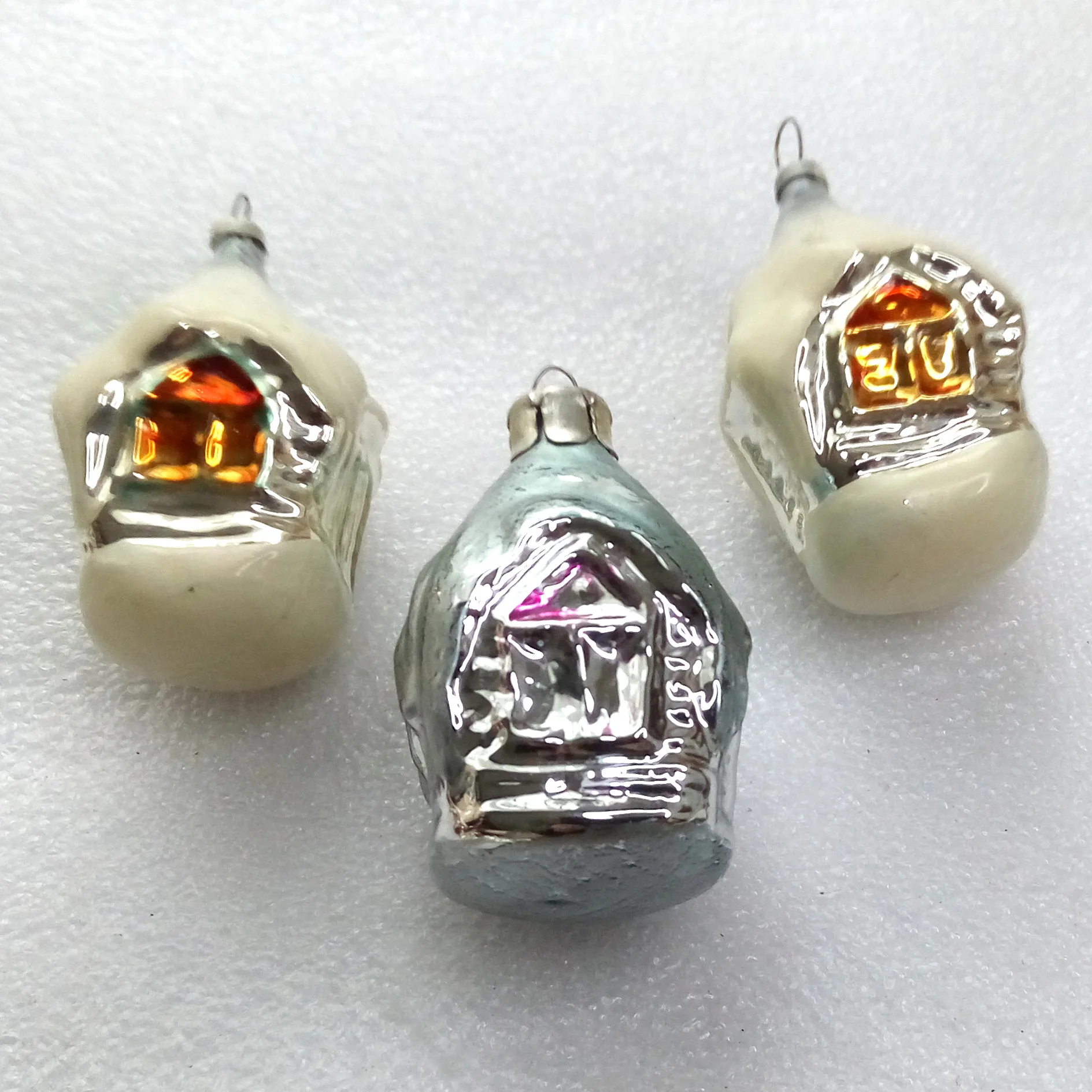 Set of 3 Atique Vintage Glass Christmas Ornaments Houses