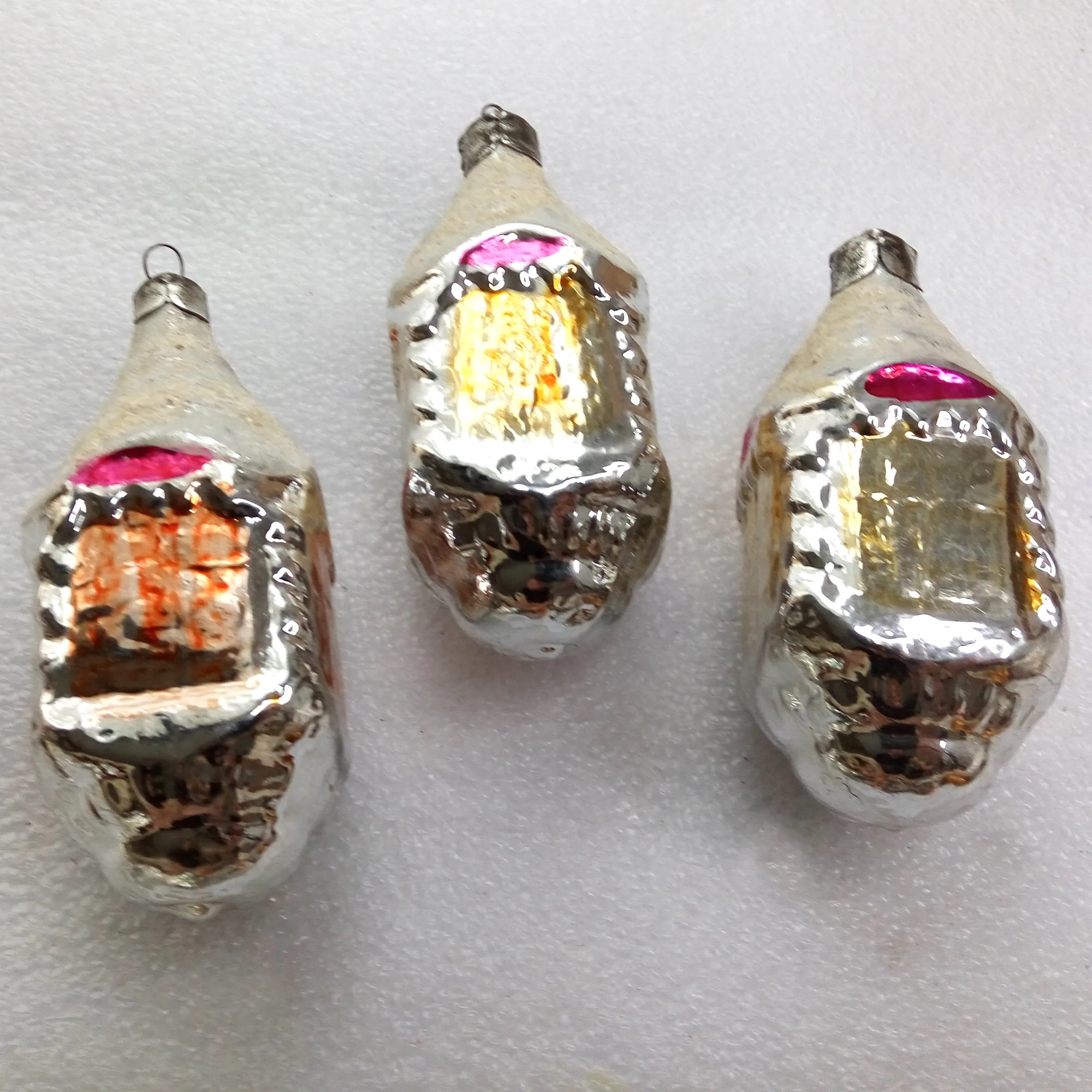 Set of 3 Atique Vintage Glass Christmas Ornaments Houses