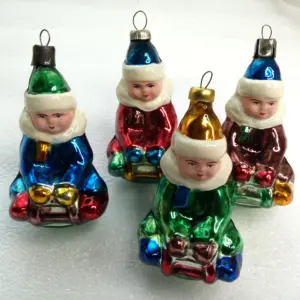 Set 4 Old Antique Vintage Glass Christmas Ornaments Kid on Sled