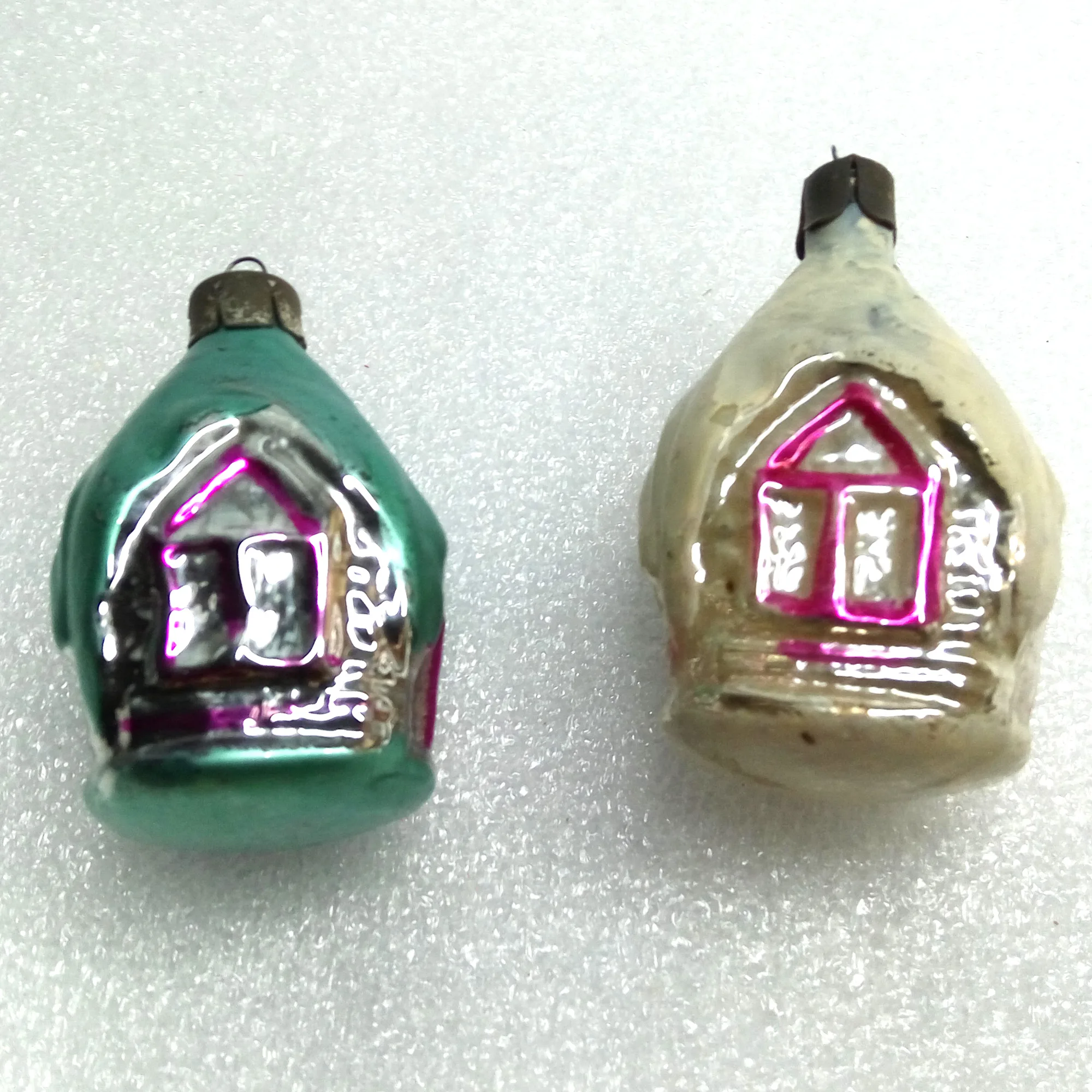 Set of 2 Antique Vintage Glass Christmas Ornament Houses