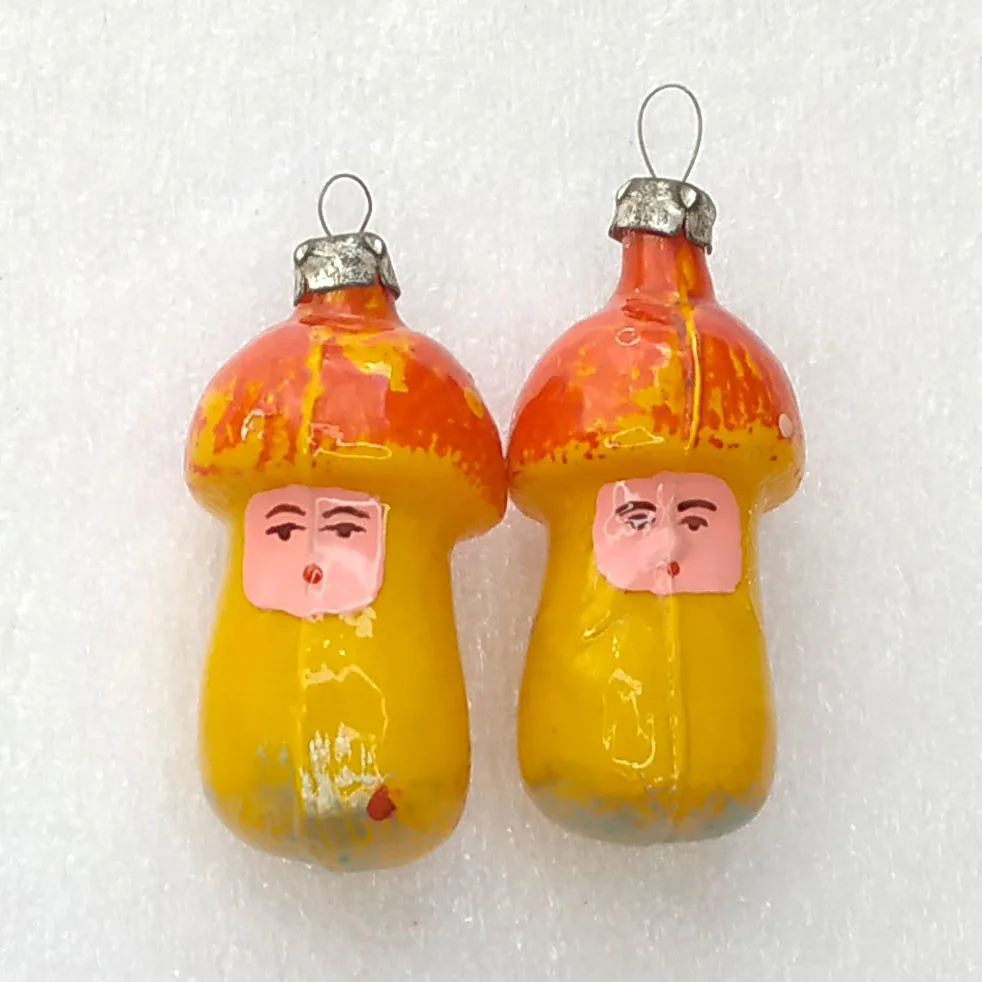 Set of 2 Antique Vintage Russian Glass Christmas Ornament Mushroom