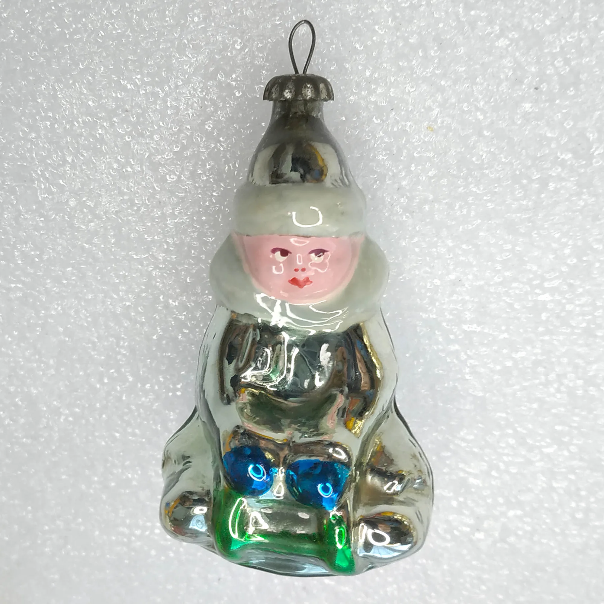 Antique Vintage USSR Glass Christmas Ornament Kid on Sledge
