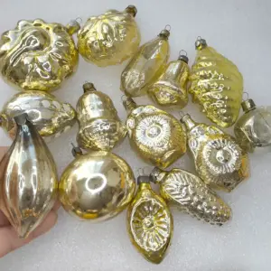 Set of 14 Antique Vintage Glass Christmas Ornaments USSR Yellow Set
