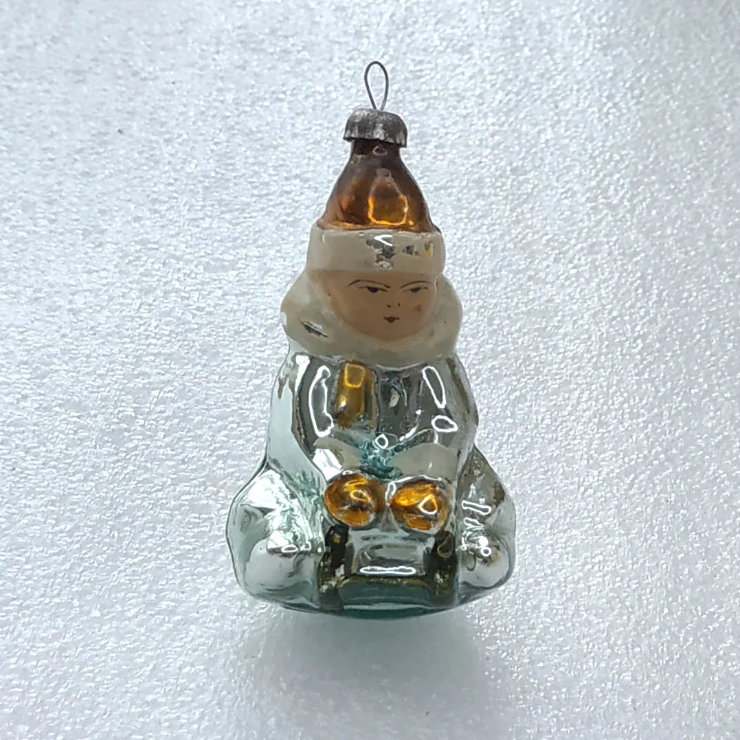 Antique Vintage USSR Silver Glass Christmas Tree Ornament Decor Kid on Sled
