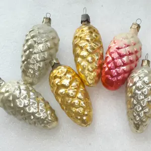 Set of 6 Vintage Silver Glass Christmas USSR Ornaments Tree Antique Decor Pinecone