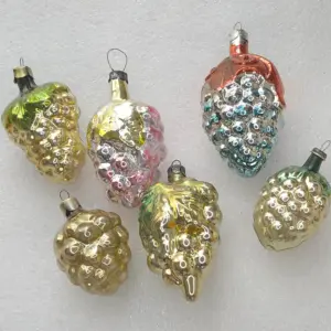 Set of 6 Vintage Silver Glass Christmas USSR Ornaments Tree Antique Decor Grapes