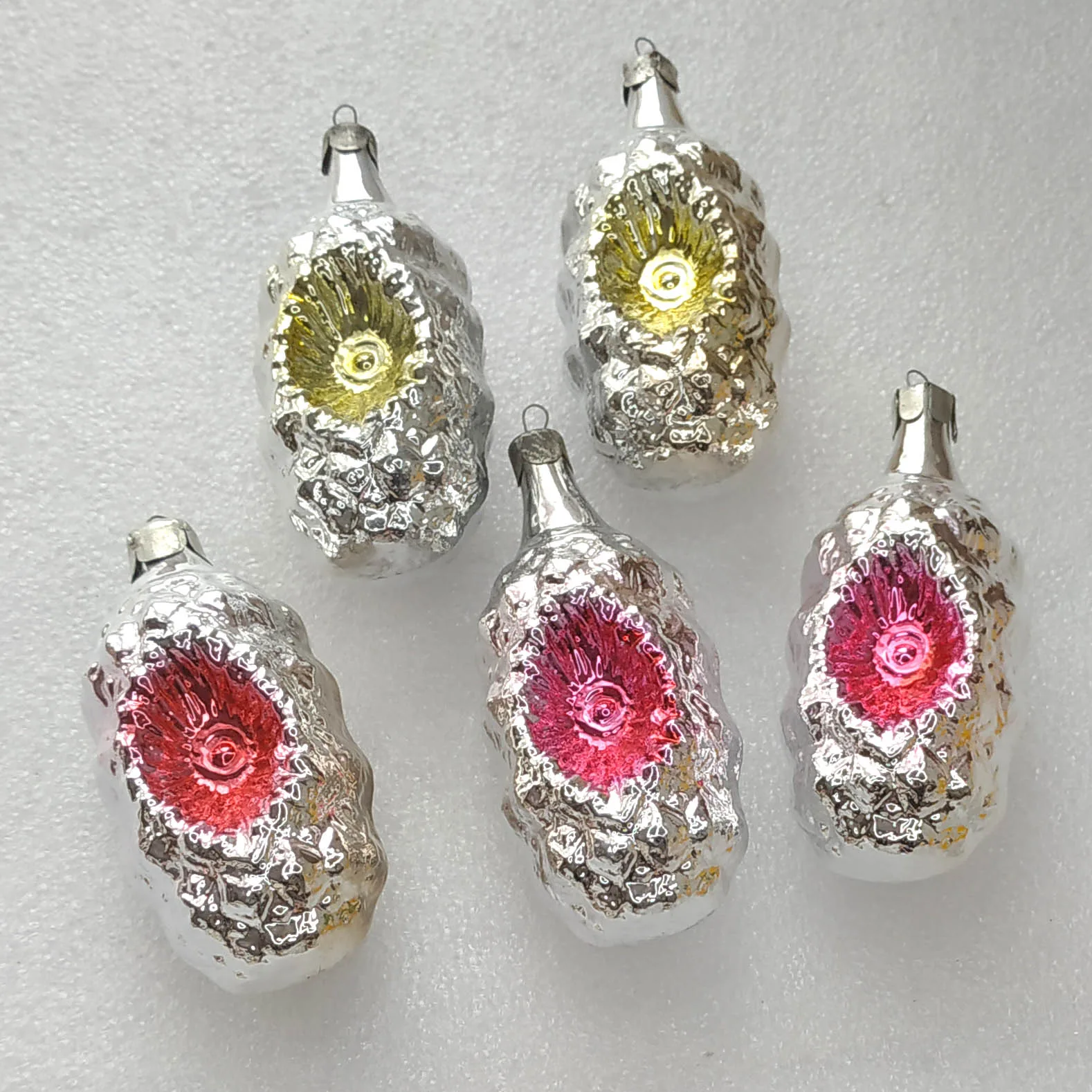 Set of 5 Vintage Christmas Silver Glass Ornaments USSR Tree Antique Decor Lanterns