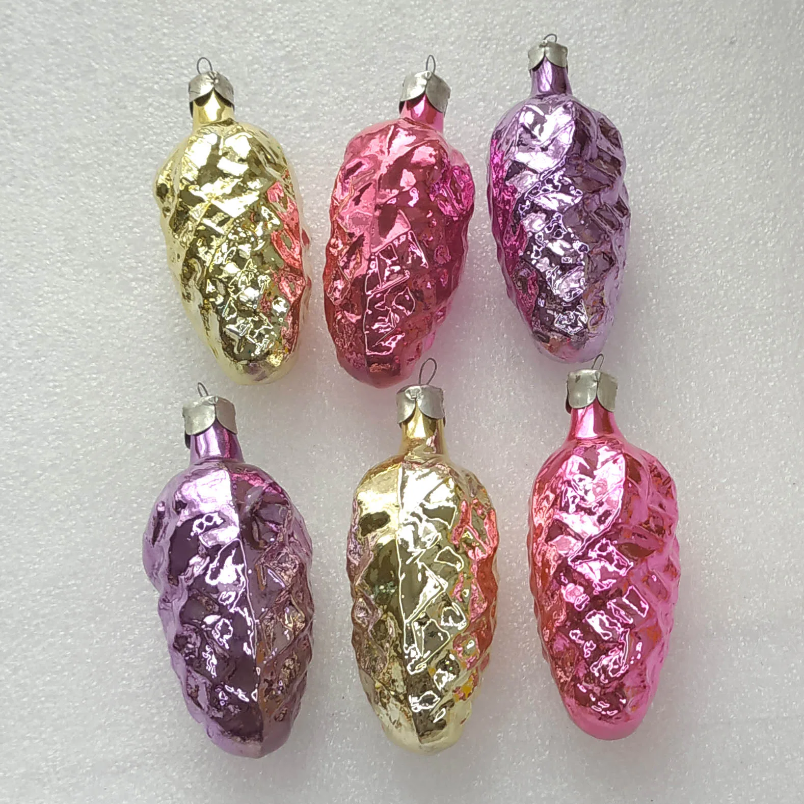 Set of 6 Vintage Christmas Silver Glass Ornaments USSR Tree Antique Decor Pinecone