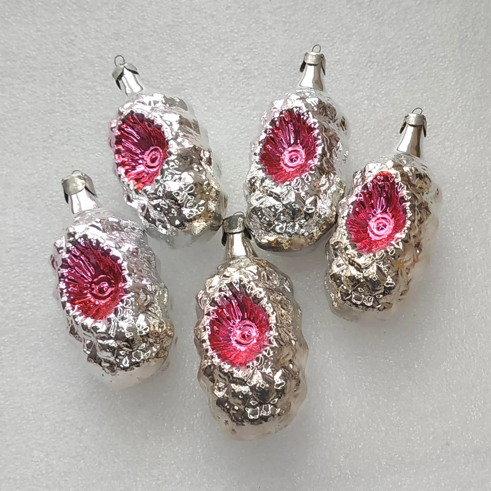 Set of 5 Vintage Christmas Silver Glass Ornaments USSR Tree Antique Decor Lanterns