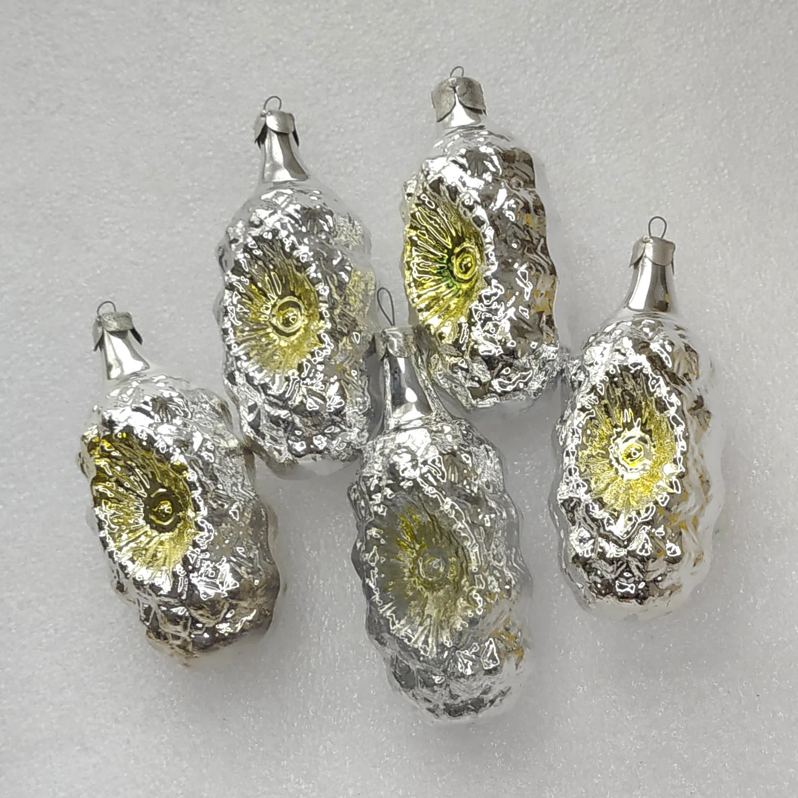 Set of 5 Vintage Christmas Silver Glass Ornaments USSR Tree Antique Decor Lanterns