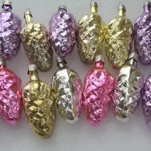 Set of 15 Vintage Christmas Silver Glass Ornaments USSR Antique Decor Pinecones