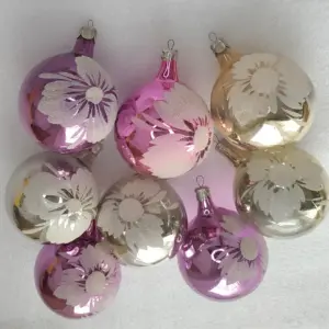 Set of 8 Vintage Christmas Silver Glass Ornaments USSR Tree Antique Decor Balls