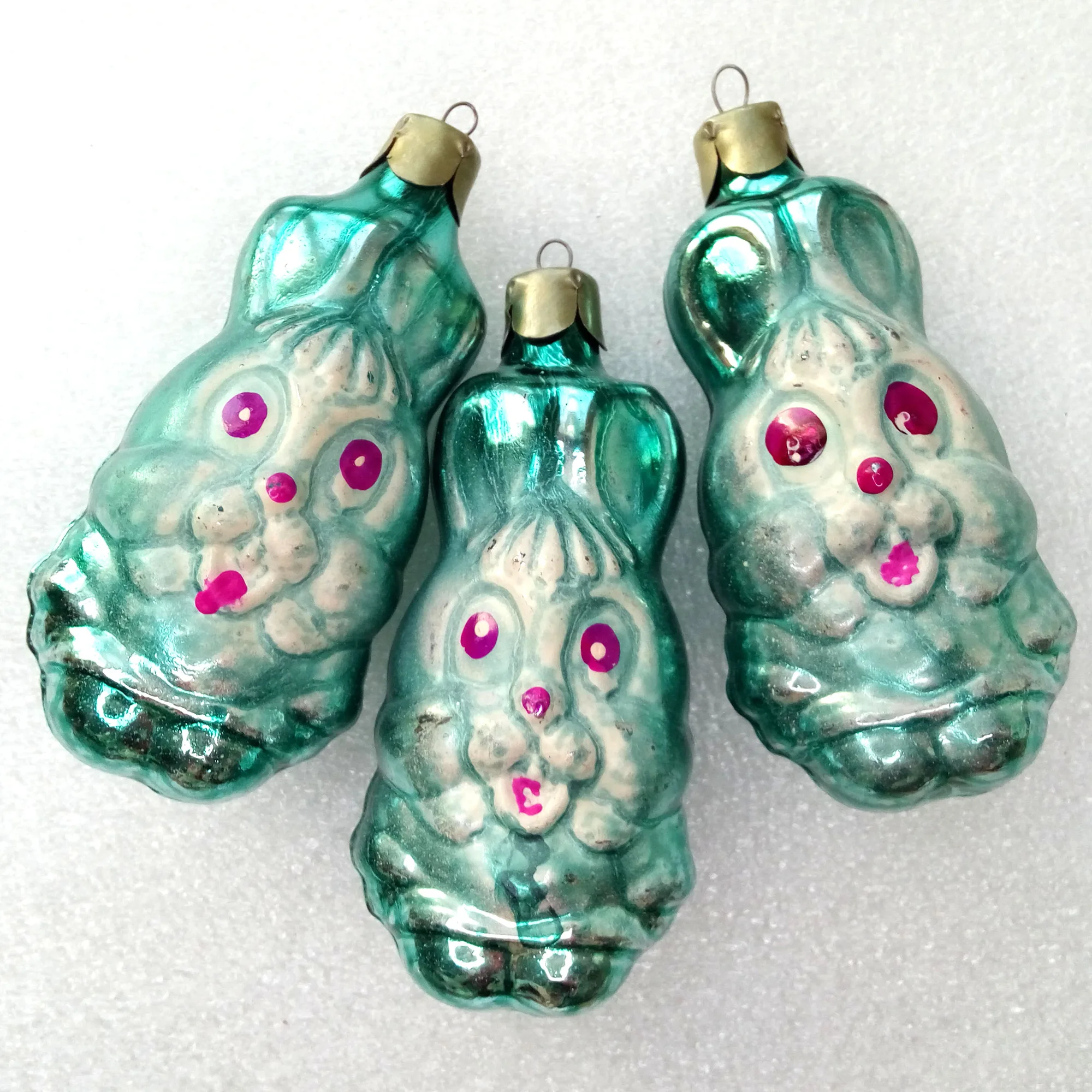Set of 3 Vintage Ukrainian Glass Christmas Ornament Tree Hares