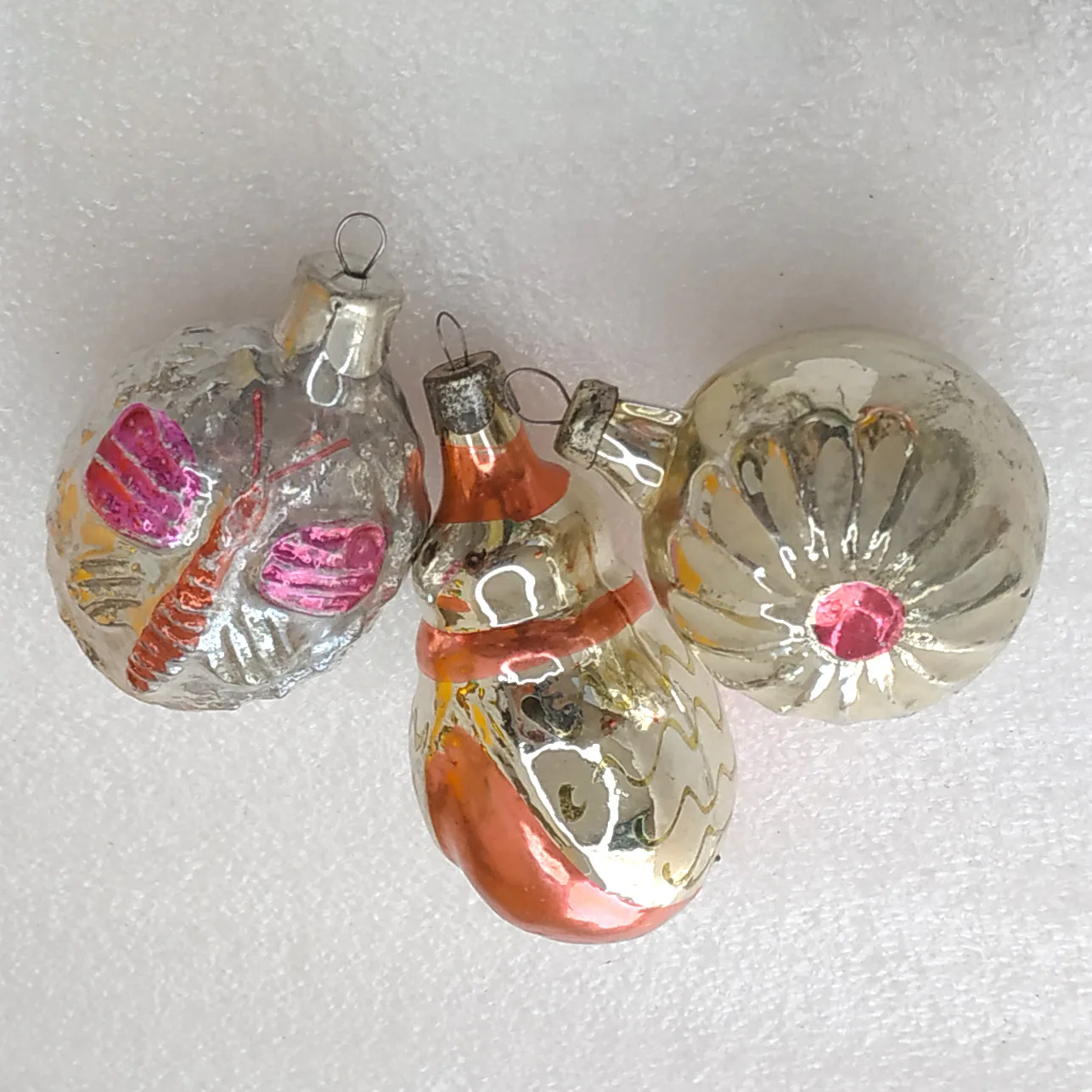 Set of 3 Antique Vintage Silver Glass Christmas Ornaments USSR