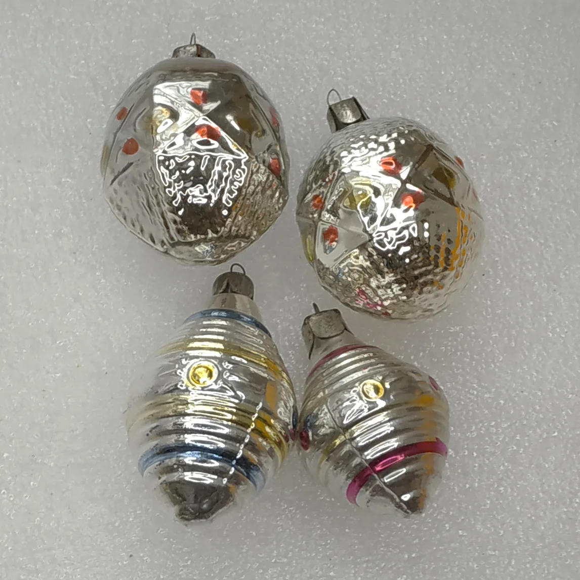 Set of 4 Antique Vintage USSR Silver Glass Christmas Ornaments