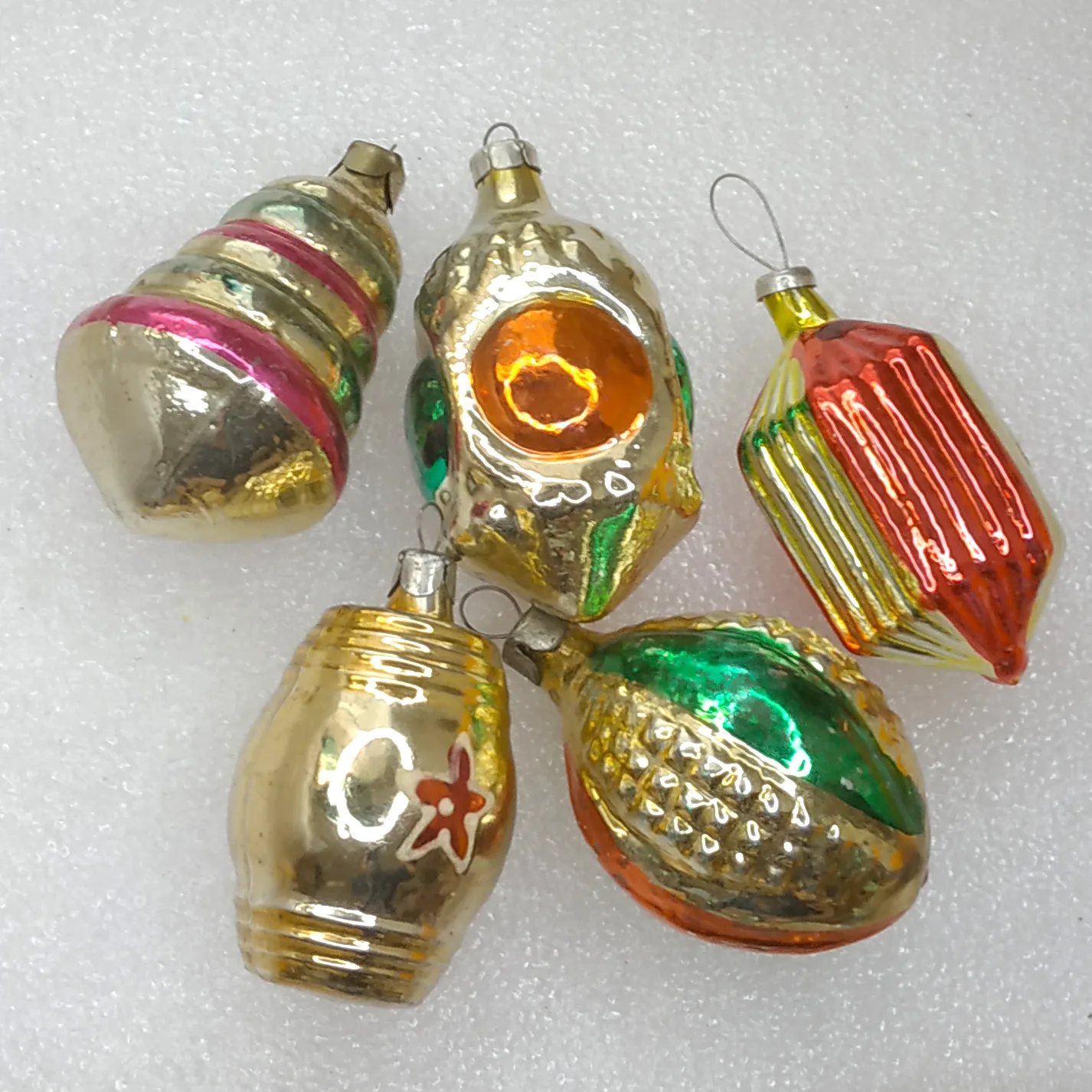Set of 5 Antique Vintage USSR Silver Glass Christmas Ornaments