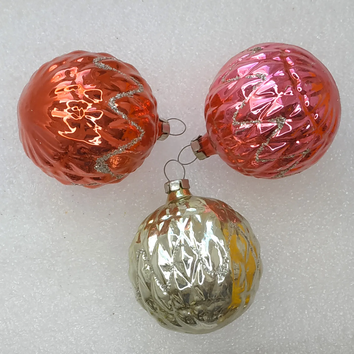 Set of 3 Antique Vintage USSR Silver Glass Christmas Ornaments