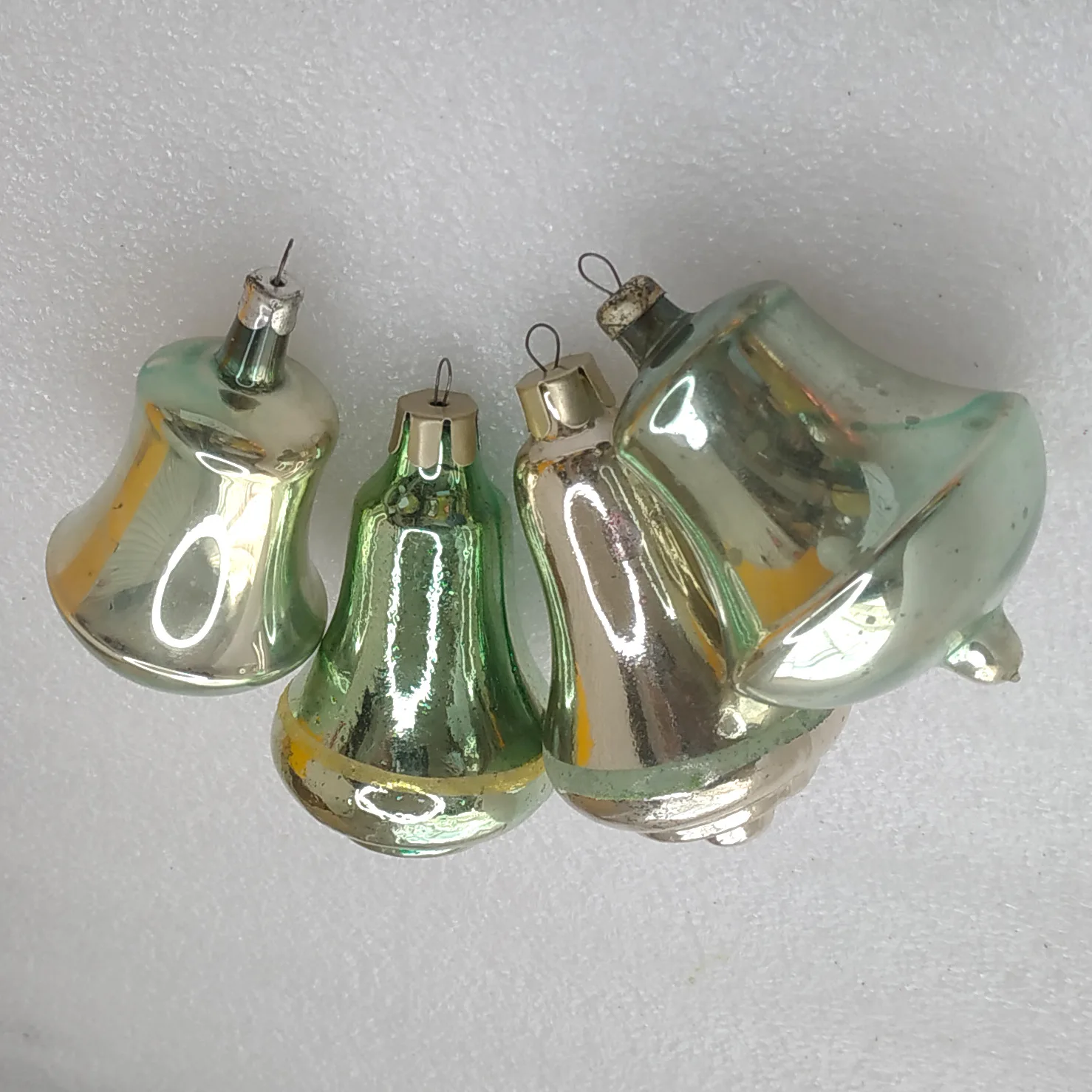 Set of 4 Antique Vintage Silver Glass Christmas Ornaments USSR Bells