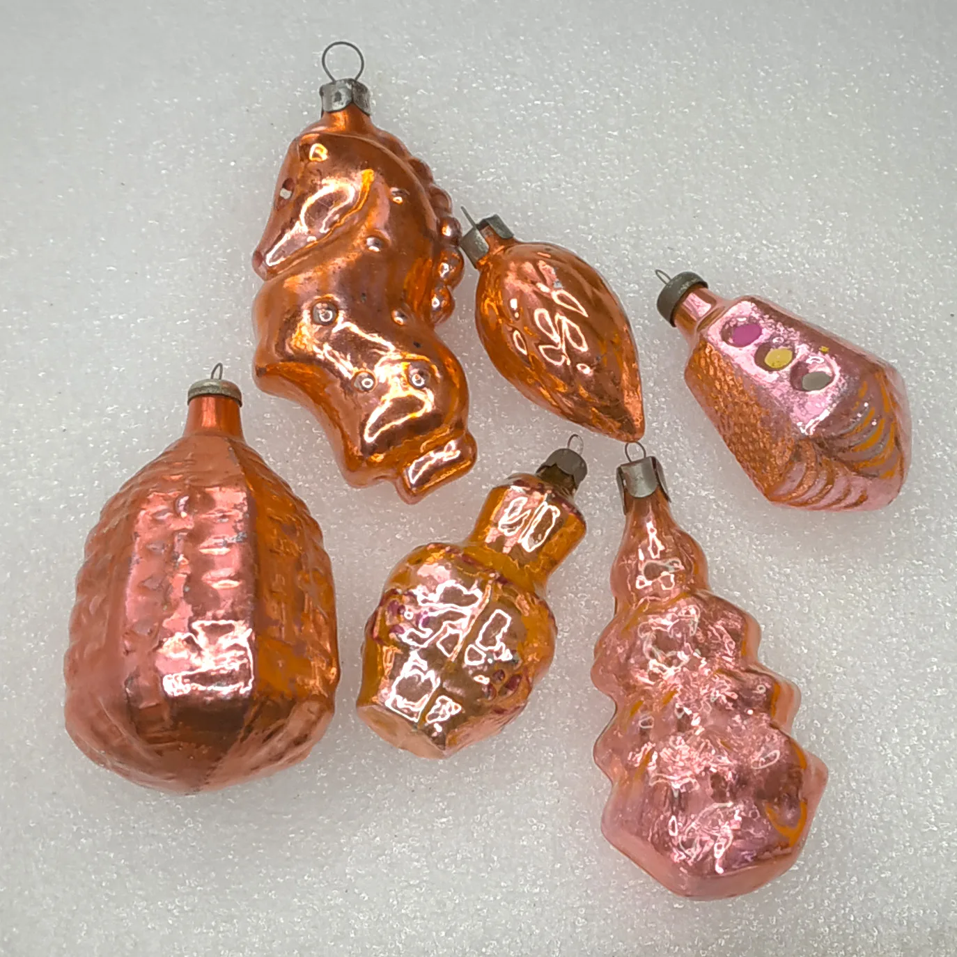 Set of 6 Antique Vintage Silver Glass Christmas Ornaments USSR