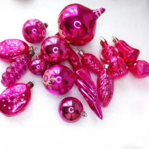 Set of 15 Vintage Ukrainian Glass Christmas Ornaments Pink Set