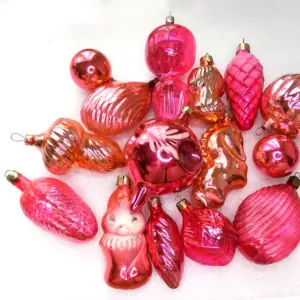 Set of 15 Vintage Ukrainian Glass Christmas Ornaments Red Pink Set