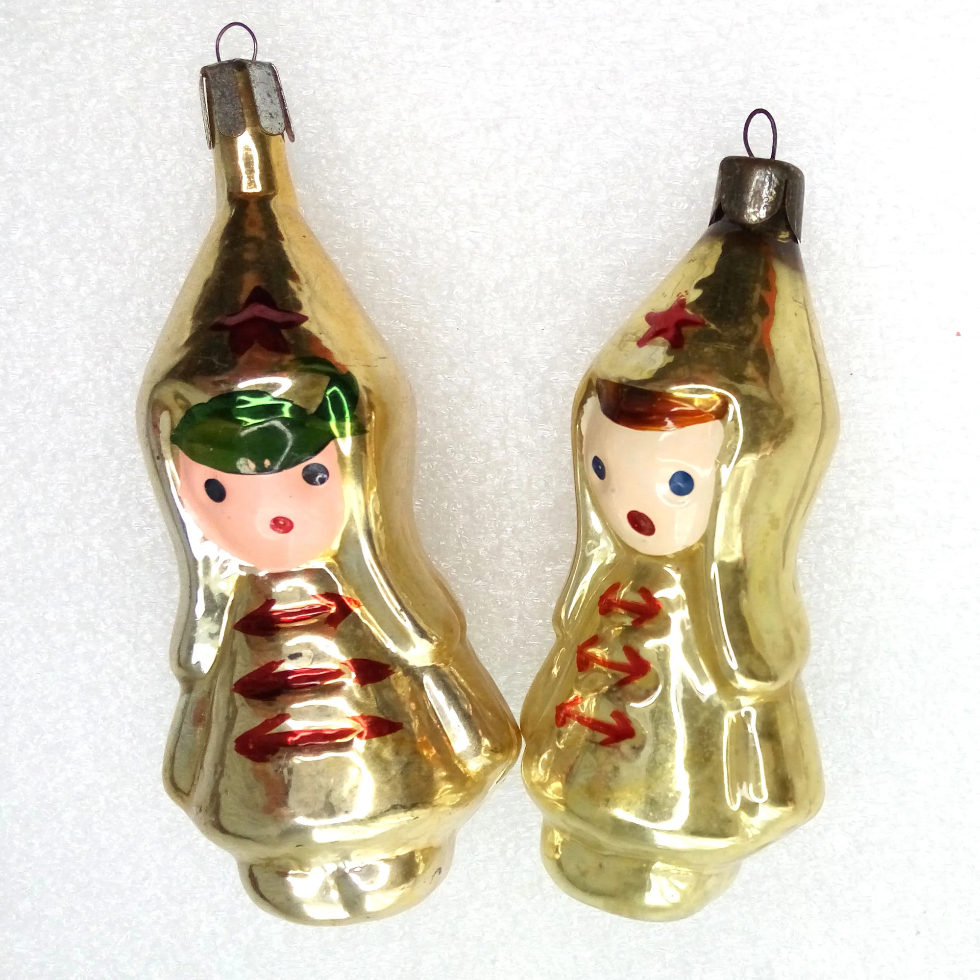 Set of 2 Vintage Ukrainian Glass Christmas Ornament Red Army Boy