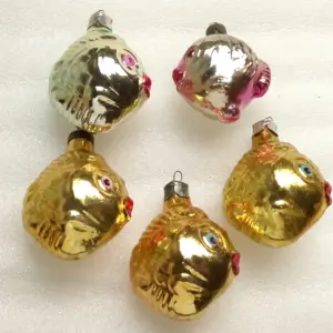 Set of 5 Vintage USSR Glass Christmas Ornaments Fir Tree Fishes