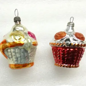 Set of 2 Vintage USSR Glass Christmas Ornament Tree Old Baskets