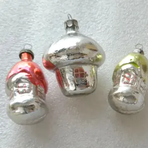 Set of 3 Antique Vintage Russian Glass Christmas Ornaments House