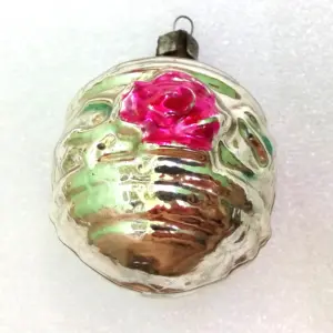 Vintage USSR Glass Christmas Ornament Old Ball w Rose