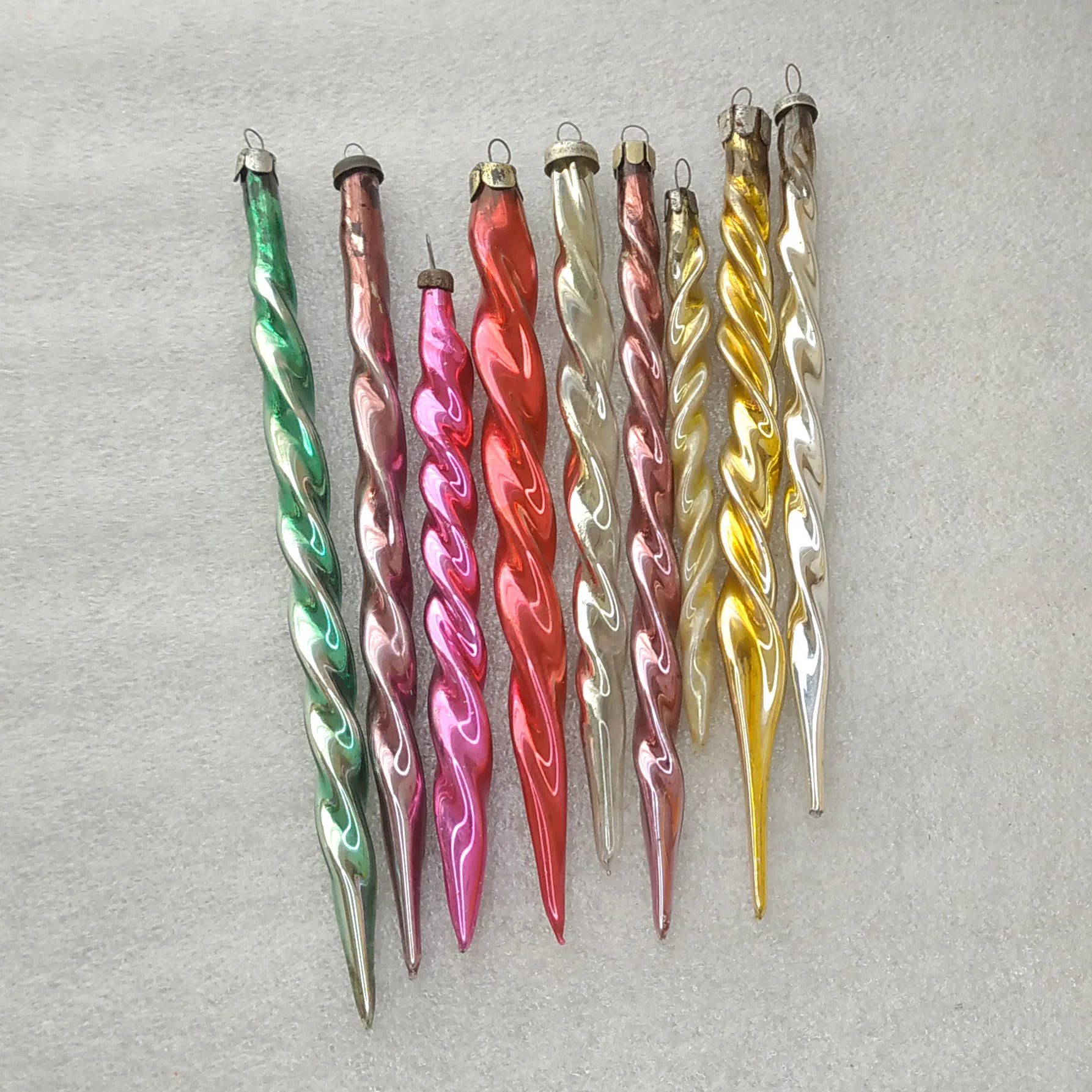 Set of 9 Antique Vintage Silver Glass Christmas Ornaments Tree Icicles