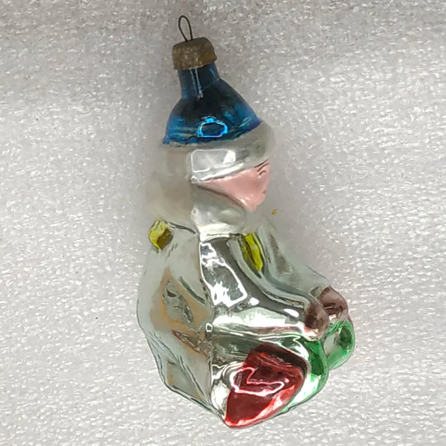 Vintage Christmas Silver Glass Ornament Tree USSR Antique Decor Kid on Sled