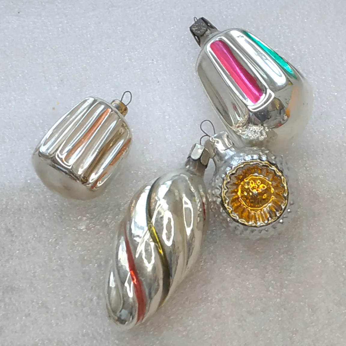 Set of 4 Vintage Christmas Silver Glass Ornaments Tree USSR Antique