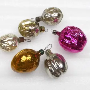 Set of 6 Vintage Russian Silver Glass Christmas Ornaments Nuts