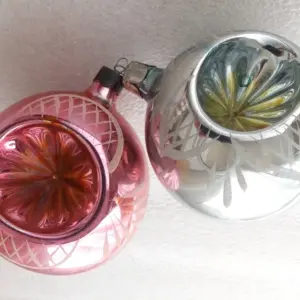 Set of 2 Antique Vintage Glass Christmas Ornament Lanterns