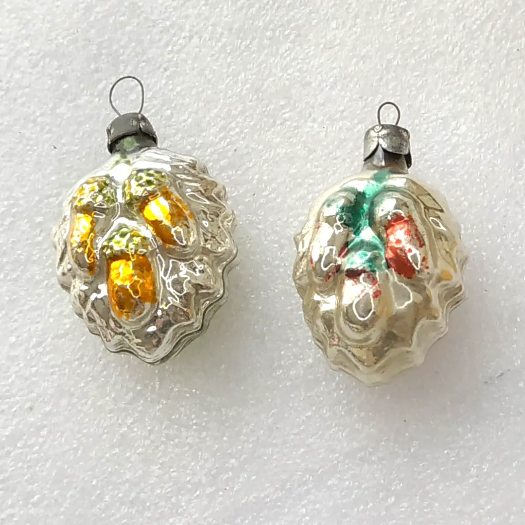 Set of 2 Vintage Mercury Glass Christmas Ornament Tree USSR Antique Decor Acorns