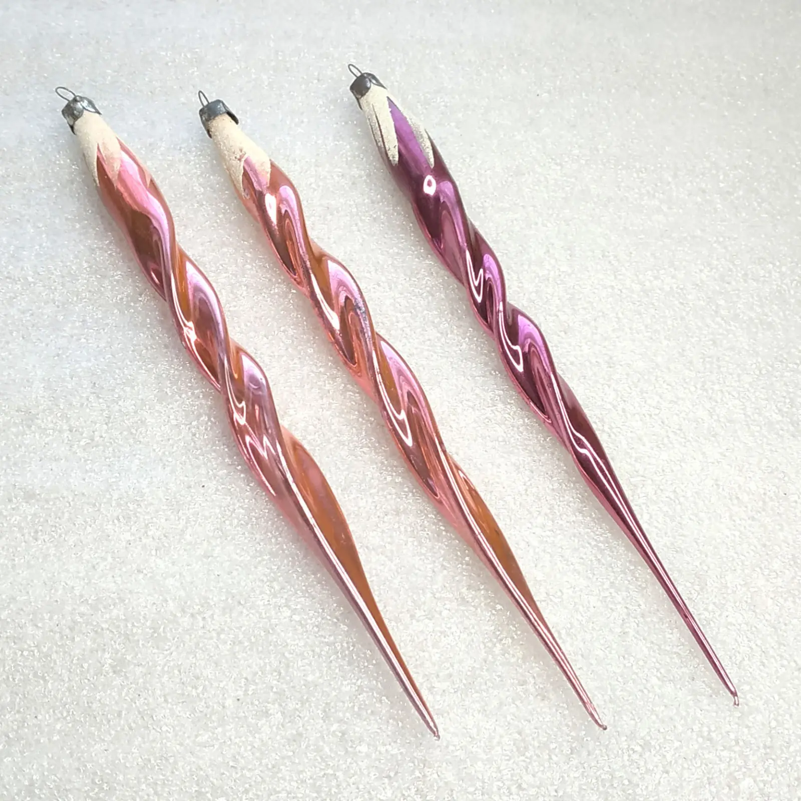 Set of 3 Vintage Soviet Silver Glass Christmas Tree Ornaments Spiral Icicles Figural