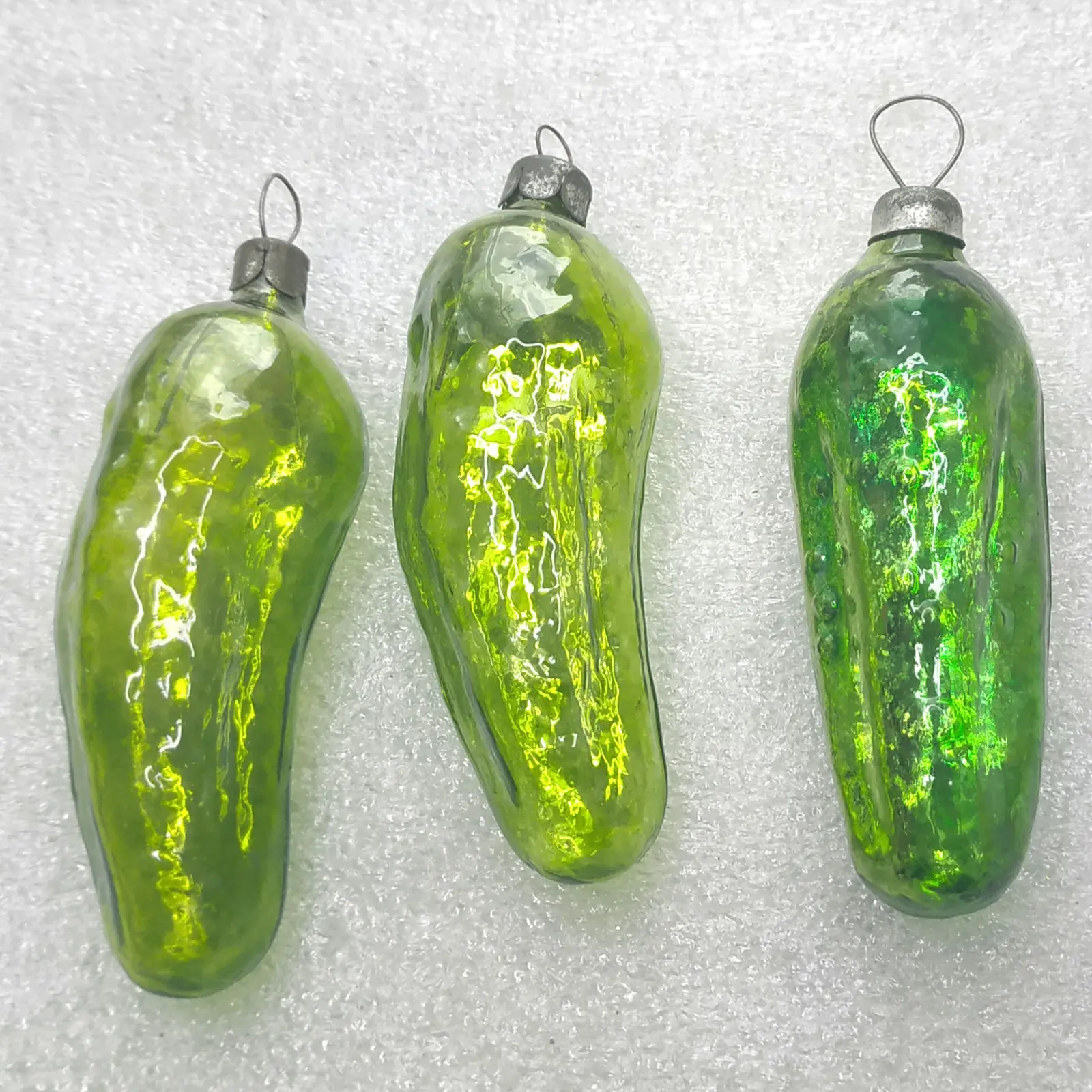 Set of 3 Vintage Soviet Silver Glass Christmas Tree Ornaments Green Cucumber Pickles