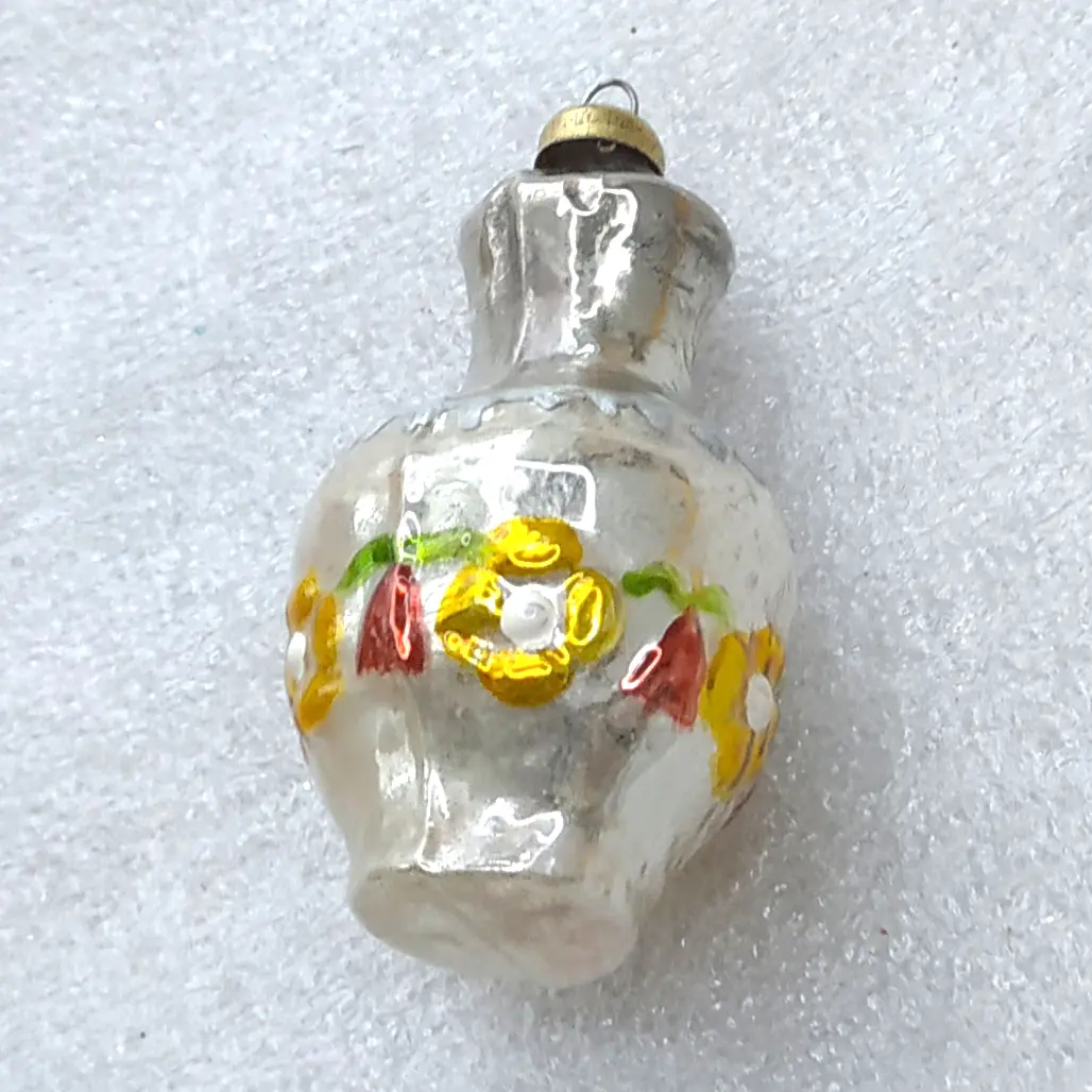 Vintage Soviet Glass Christmas Tree Ornament Vase with Floral Pattern Figural