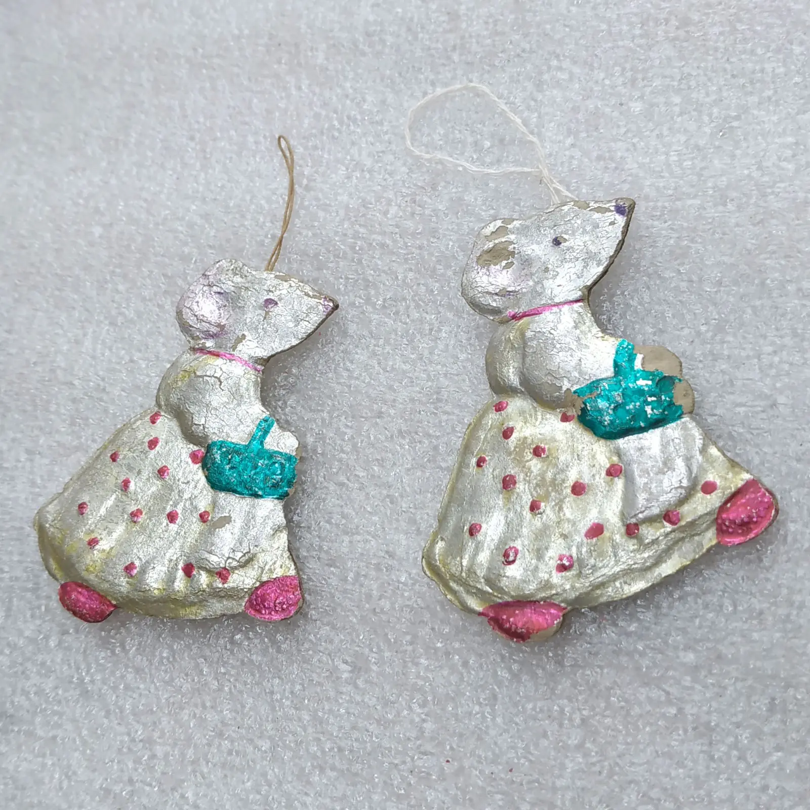 Set of 2 Vintage Soviet Cardboard Christmas Tree Ornaments Dresden Decor Mice