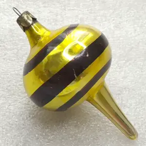 Vintage Soviet Glass Christmas Tree Ornament Yellow Striped Decor Retro