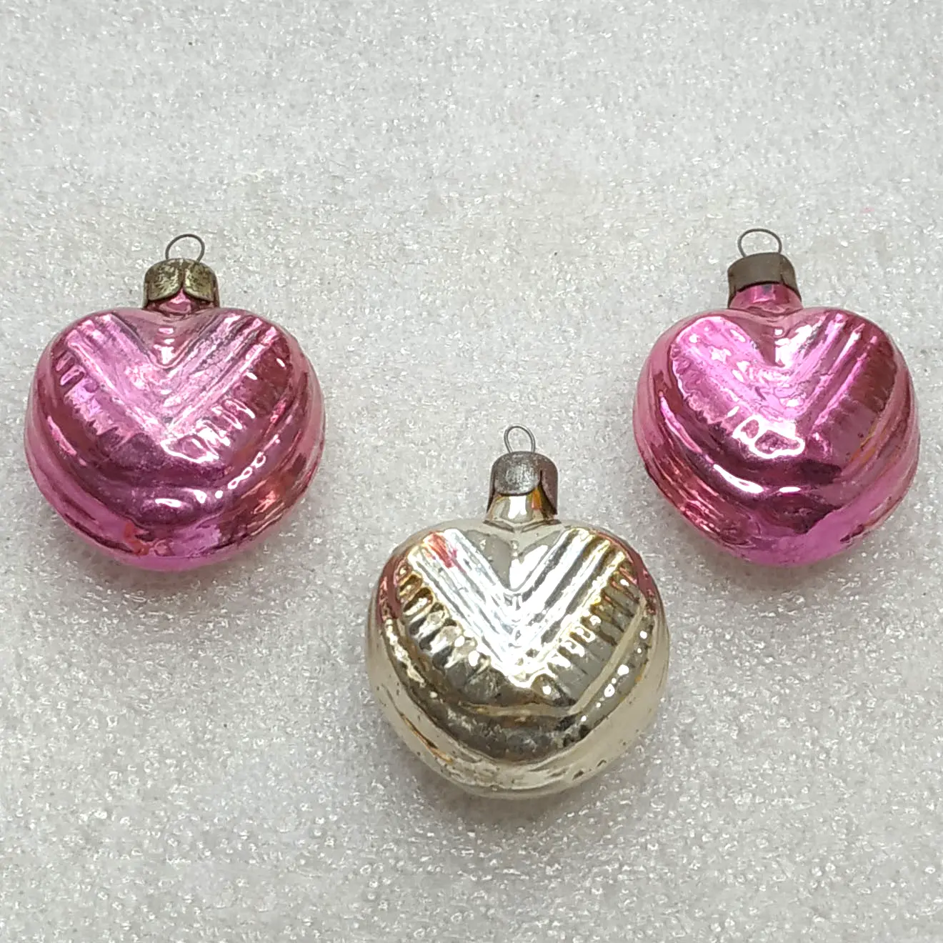 Set of 3 Vintage Soviet Glass Christmas Tree Ornaments Hearts Set
