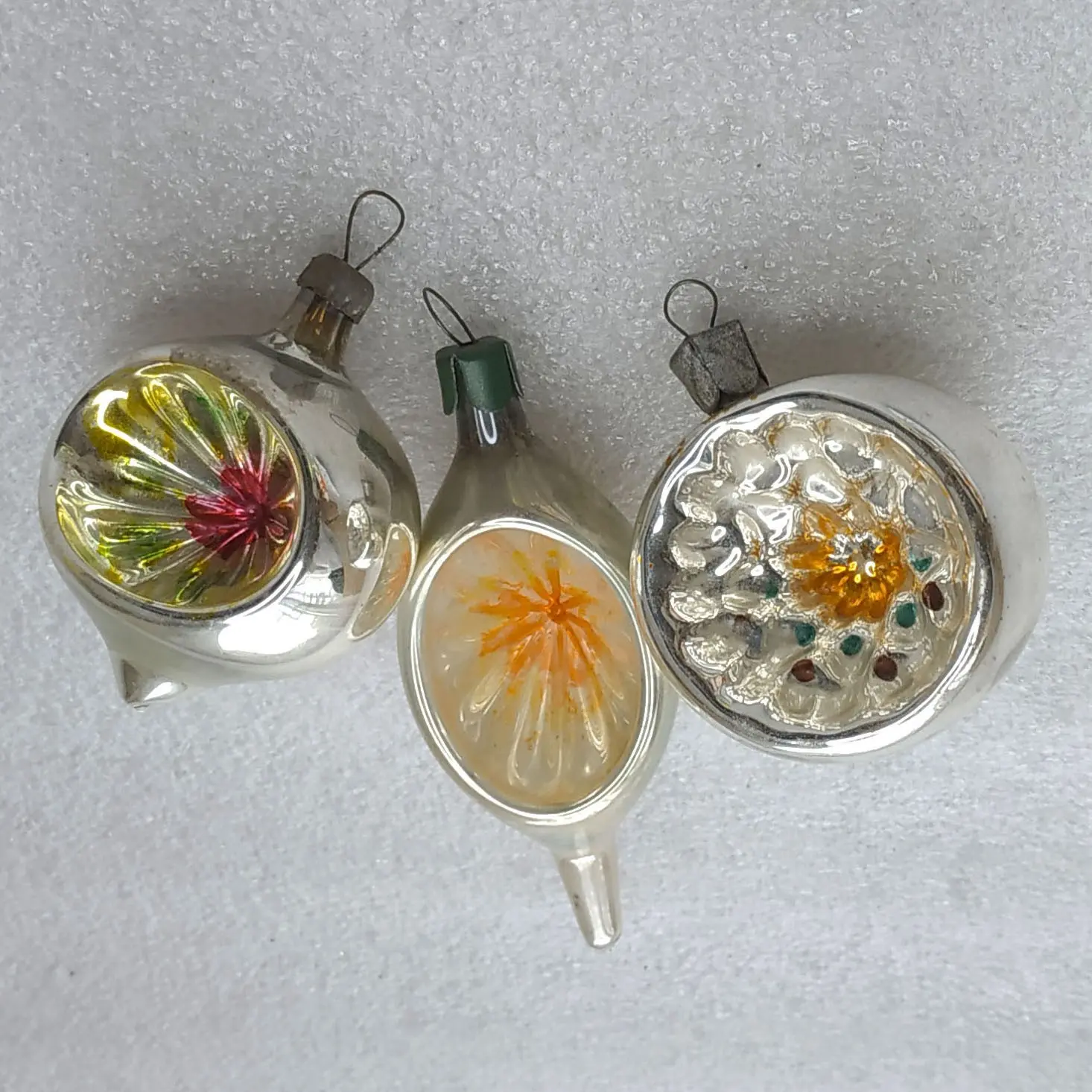 Set of 3 Vintage Soviet Silver Glass Christmas Tree Ornaments Reflector Retro Lanterns